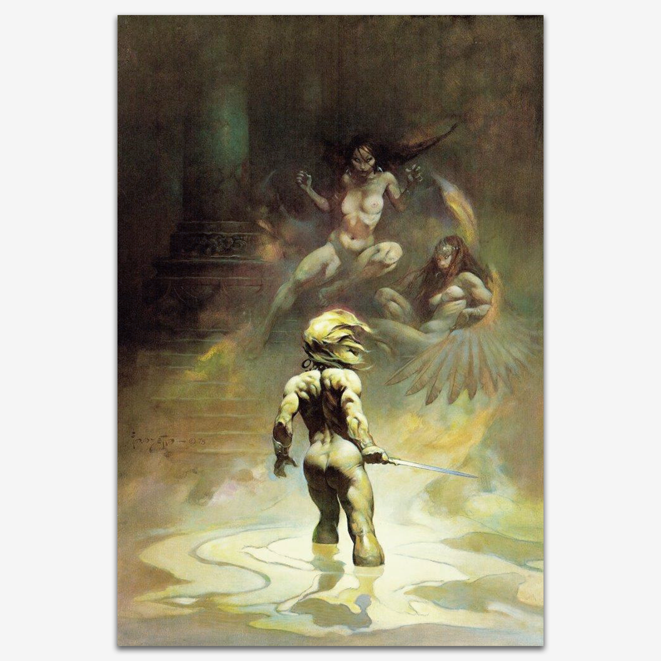 Vintage print of Paradox by Frank Frazetta, depicting a mysterious armored warrior standing in a glowing, ethereal space, surrounded by ghostly figures in a surreal and haunting atmosphere.
