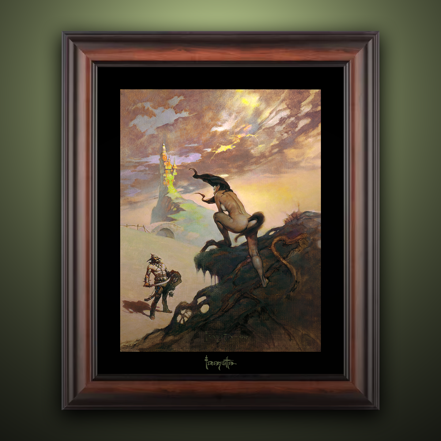 Framed Gallery Series print of "Pony Tail" by Frank Frazetta, emphasizing movement and dramatic composition with black 1.5" matting.