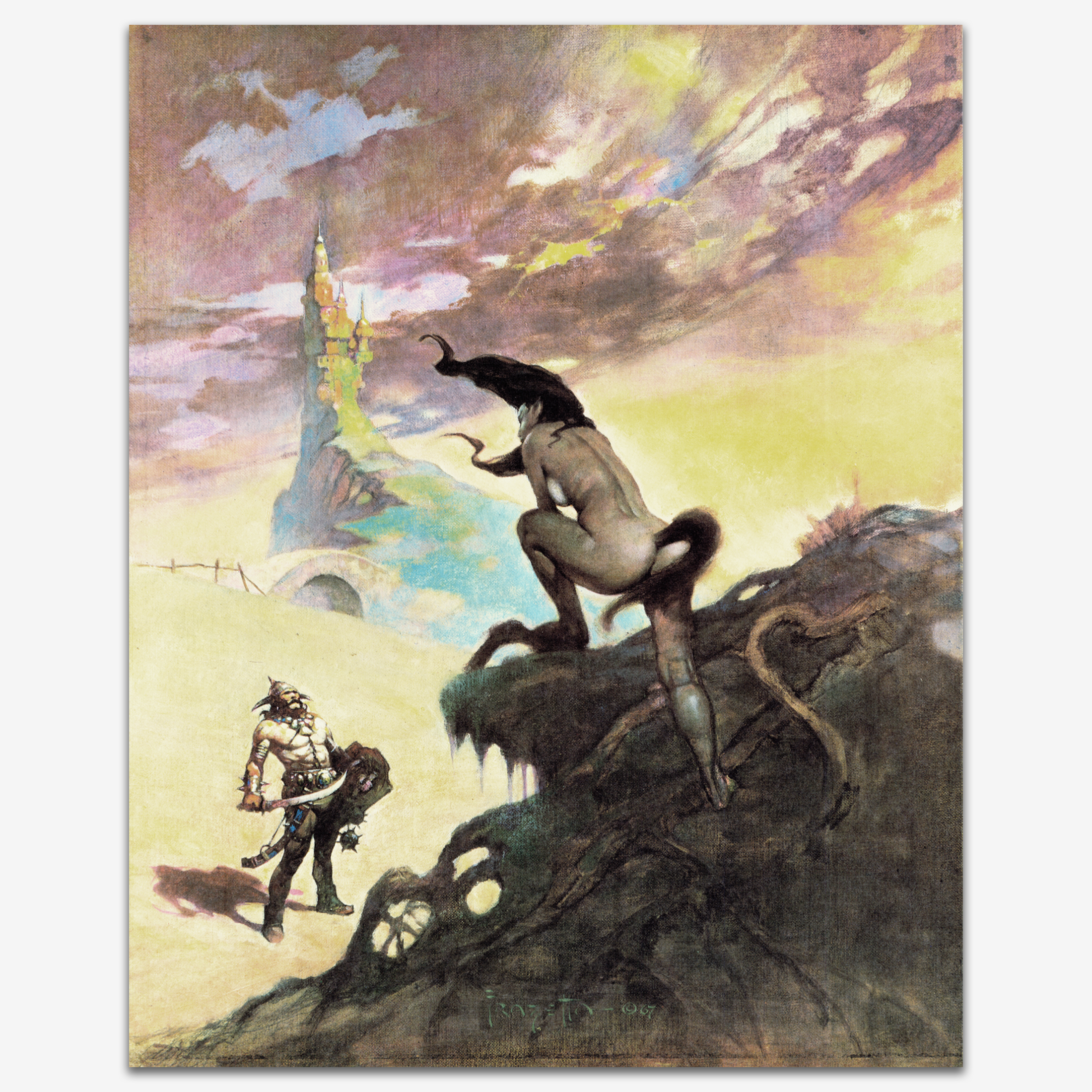 Vintage print of Pony Tail by Frank Frazetta, depicting a striking scene with a female figure in action, surrounded by dynamic movement and energy.