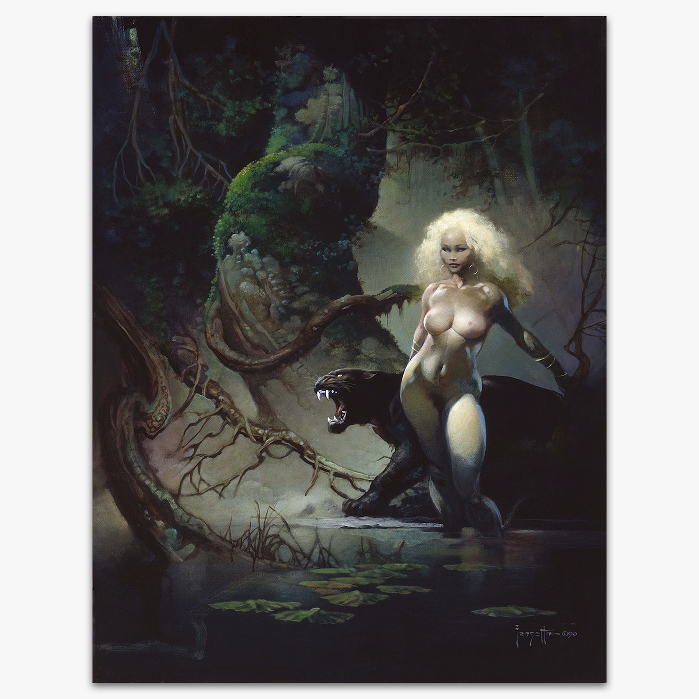 Vintage print of "Princess and the Panther" by Frank Frazetta, showcasing a striking scene of a fierce yet elegant woman standing beside a powerful black panther in a lush, mysterious jungle, bathed in ethereal moonlight, printed on high-quality linen paper.