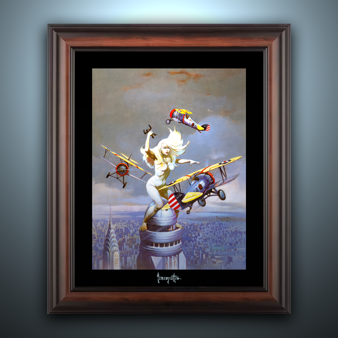 Framed Gallery Series print of "Queen Kong" by Frank Frazetta, emphasizing intense energy with black 1.5" matting.