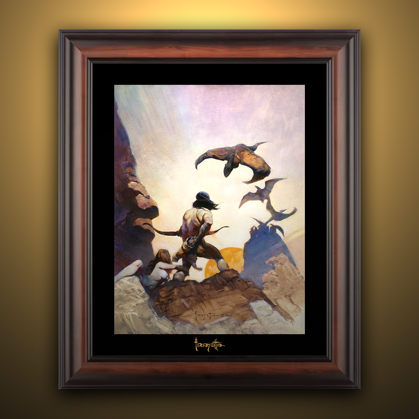 Framed Gallery Series print of "Return of Jongor" by Frank Frazetta, emphasizing dramatic composition with black 1.5" matting.