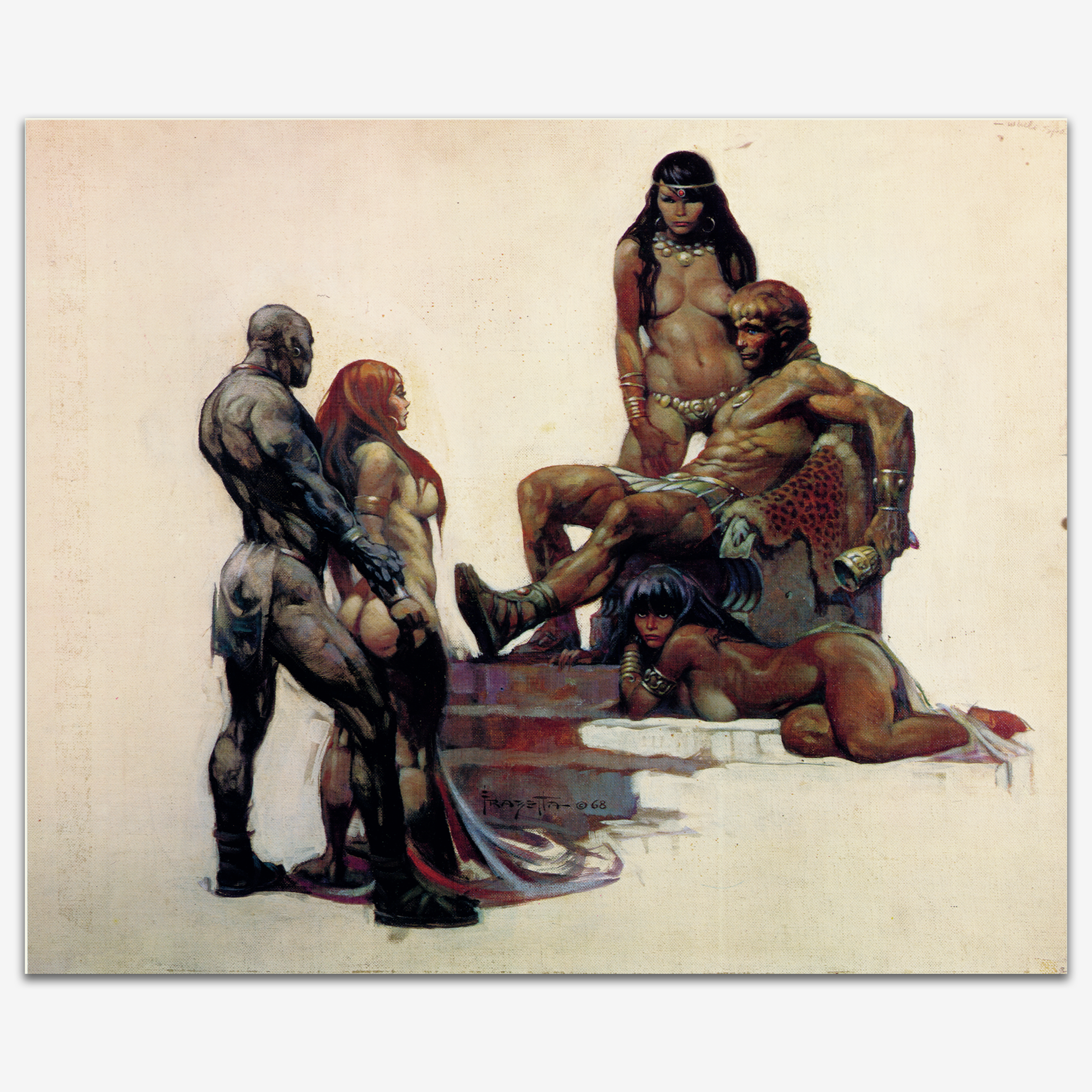 Vintage print of Rogue Roman by Frank Frazetta, a man sitting on a throne is surrounded by women.