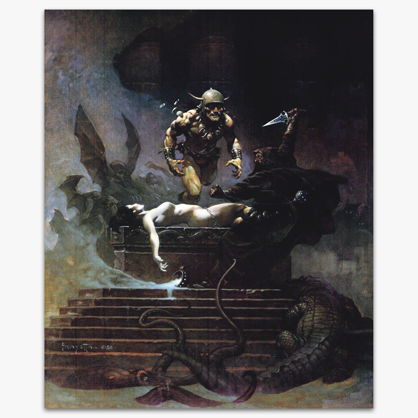 Vintage print of Sacrifice by Frank Frazetta, portraying a dramatic and intense scene of a warrior standing over an altar with a fallen figure, surrounded by eerie lighting and a dark, ominous atmosphere.
