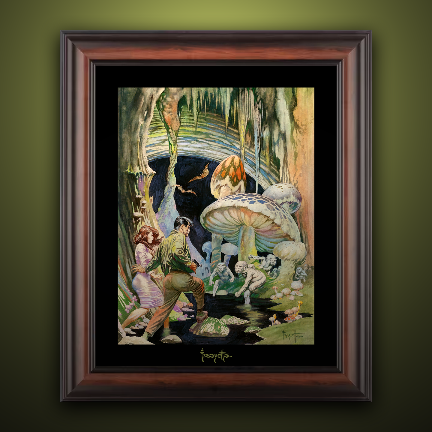 Framed Gallery Series print of "Secret People" by Frank Frazetta, highlighting mysterious atmosphere with black 1.5" matting.