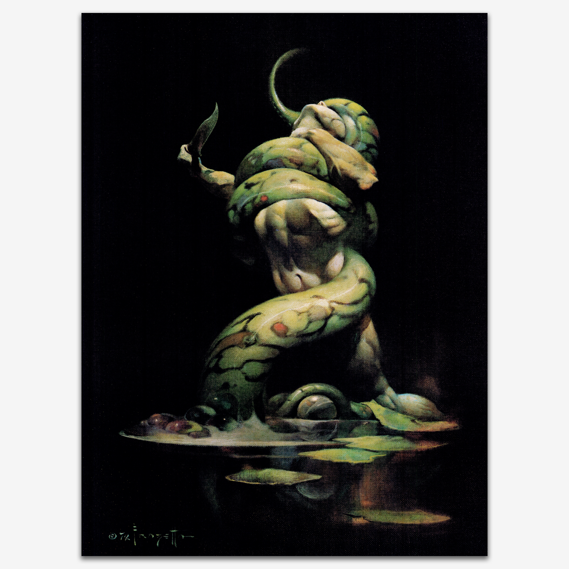 Vintage print of Serpent by Frank Frazetta, showcasing a powerful serpent entwined in a dramatic scene with fierce tension and dynamic composition.