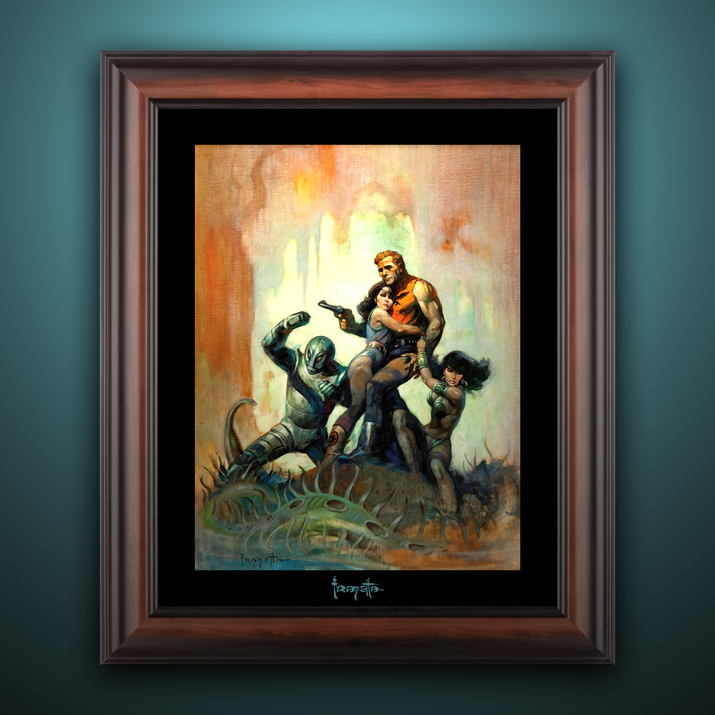 Framed Gallery Series print of "Solar Invasion" by Frank Frazetta, emphasizing cosmic themes and action with black 1.5" matting.