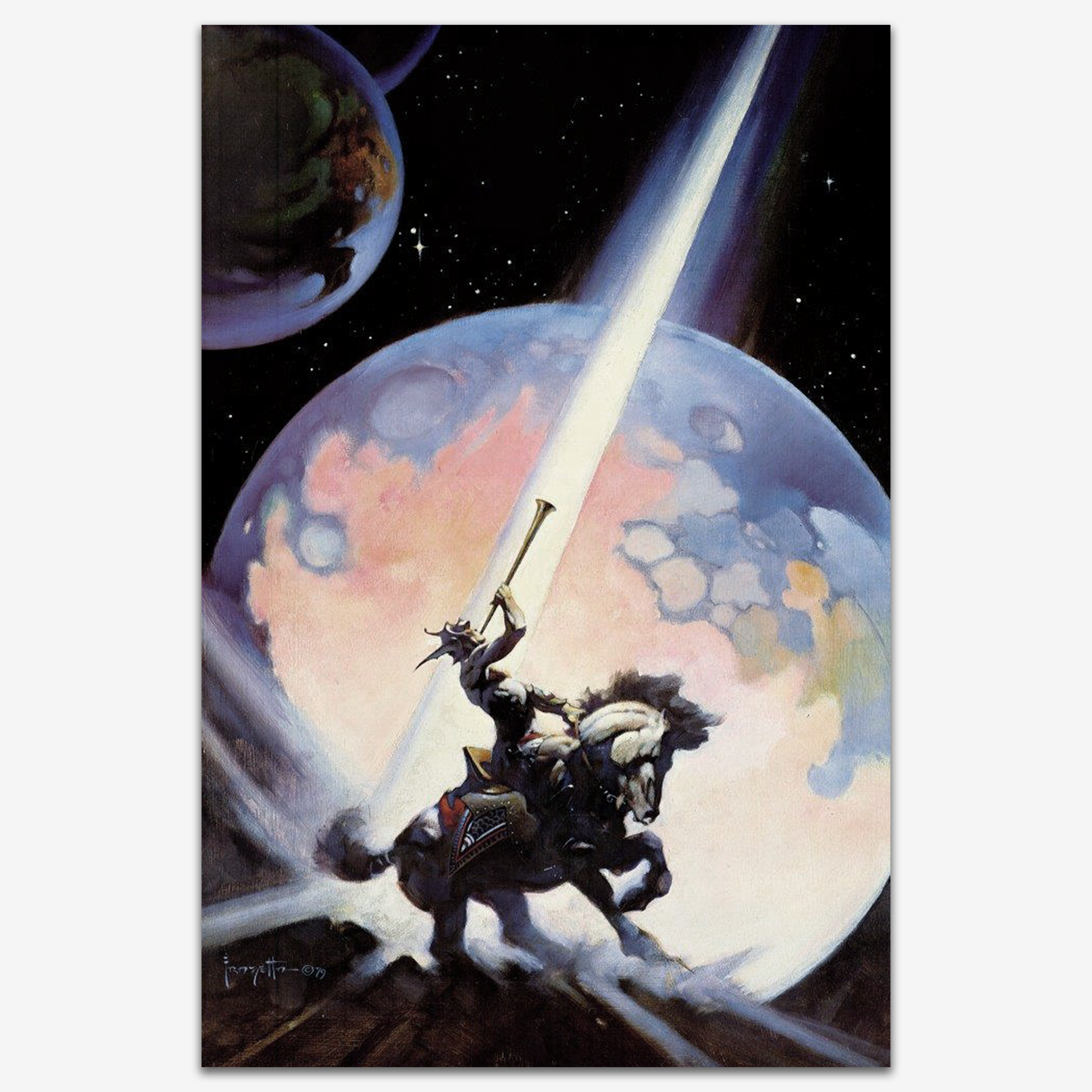 Vintage print of "Sound" by Frank Frazetta, depicting a powerful warrior silhouetted against a glowing celestial backdrop, wielding a massive trumpet as beams of energy illuminate the scene, printed on high-quality linen paper.