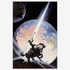 Vintage print of "Sound" by Frank Frazetta, depicting a powerful warrior silhouetted against a glowing celestial backdrop, wielding a massive trumpet as beams of energy illuminate the scene, printed on high-quality linen paper.