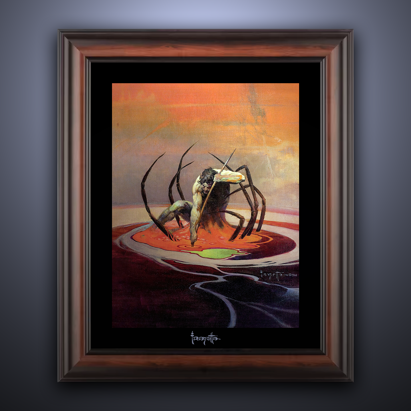 Framed Gallery Series print of "Spider Man" by Frank Frazetta, capturing dynamic energy and bold action with black 1.5" matting.