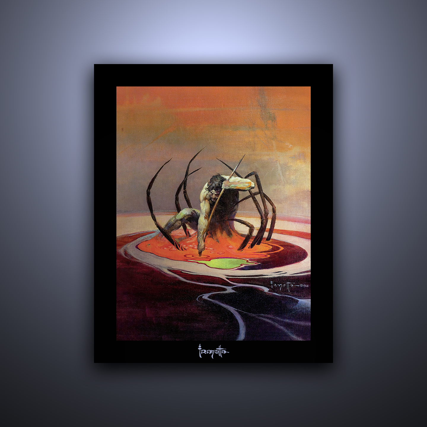 Gallery Series print of "Spider Man" by Frank Frazetta, unframed, highlighting dynamic superhero action and dramatic flair.