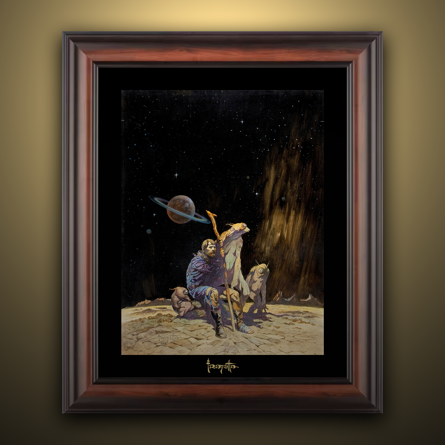 Framed Gallery Series print of "Stranded" by Frank Frazetta, emphasizing survival themes and action with black 1.5" matting.