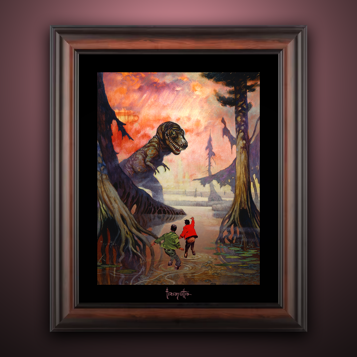 Framed Gallery Series print of "Swamp God" by Frank Frazetta, emphasizing dynamic action and creature design with black 1.5" matting.