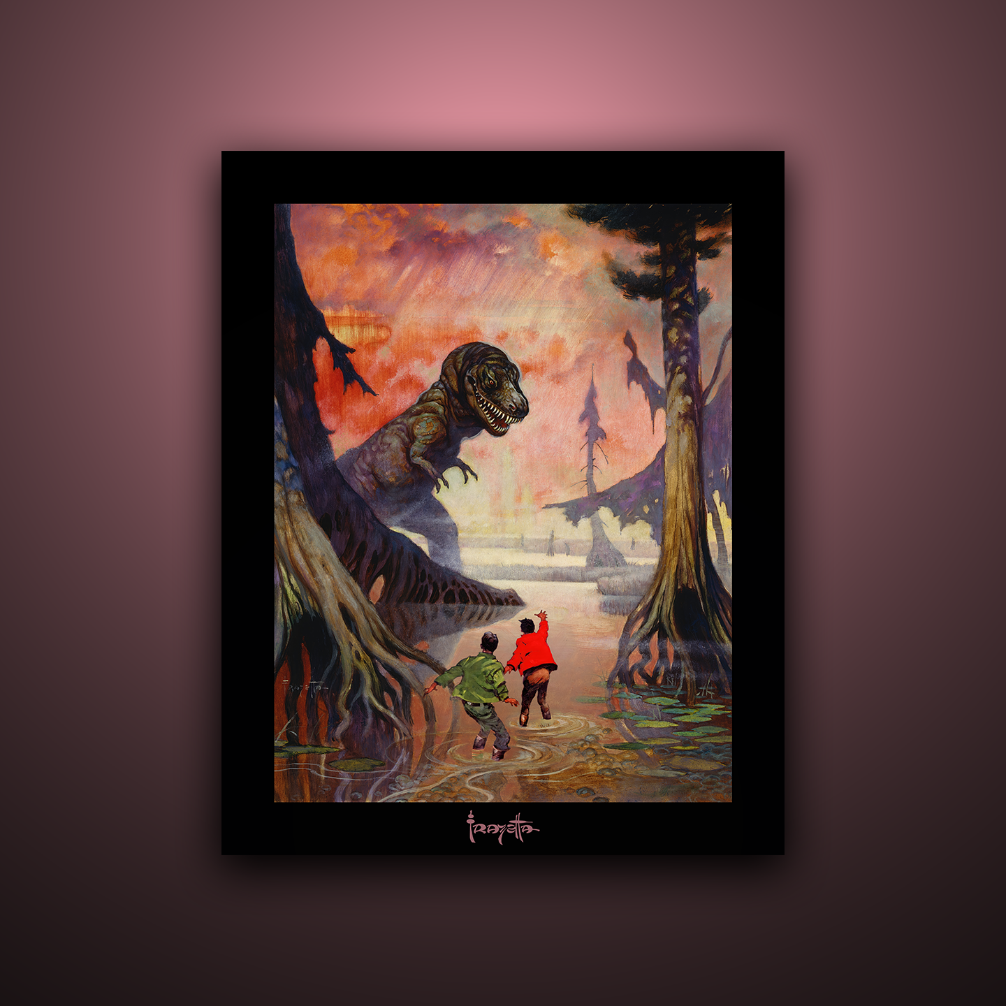 Gallery Series print of "Swamp God" by Frank Frazetta, unframed, depicting powerful creatures and detailed fantasy imagery.