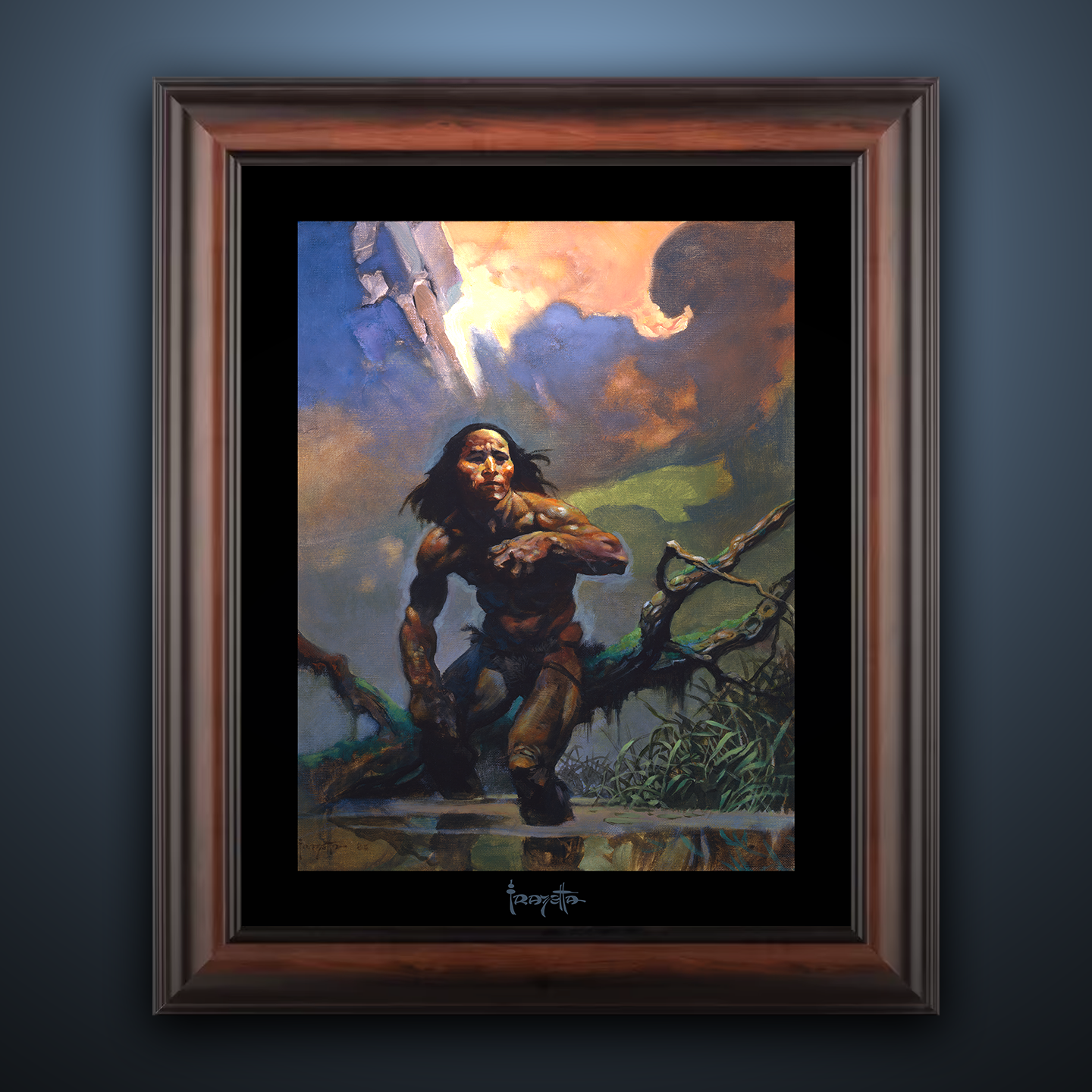 Framed Gallery Series print of "Swamp Walker" by Frank Frazetta, emphasizing mystical creatures and dynamic details with black 1.5" matting.