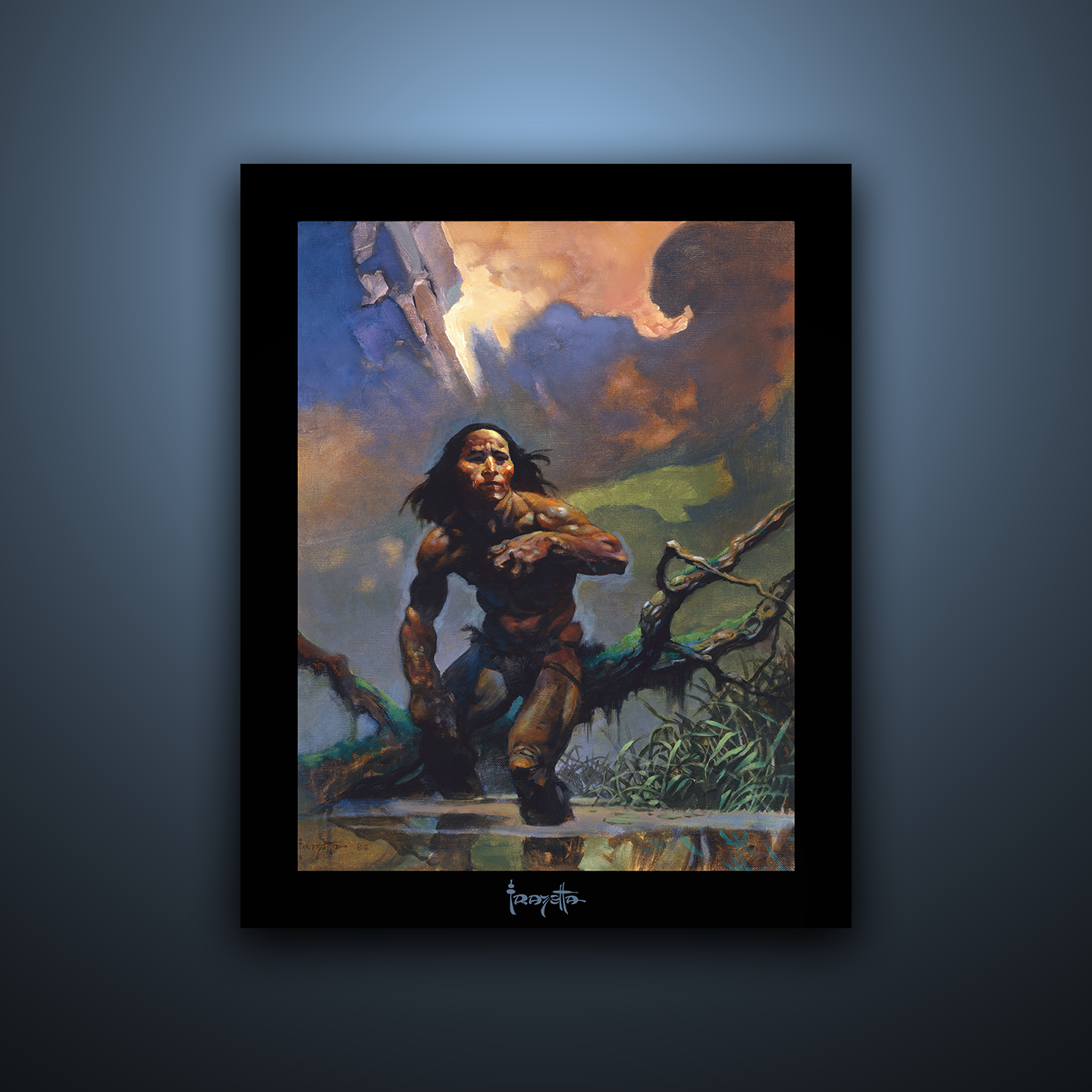 Gallery Series print of "Swamp Walker" by Frank Frazetta, unframed, showcasing a man stalking through a swamp.