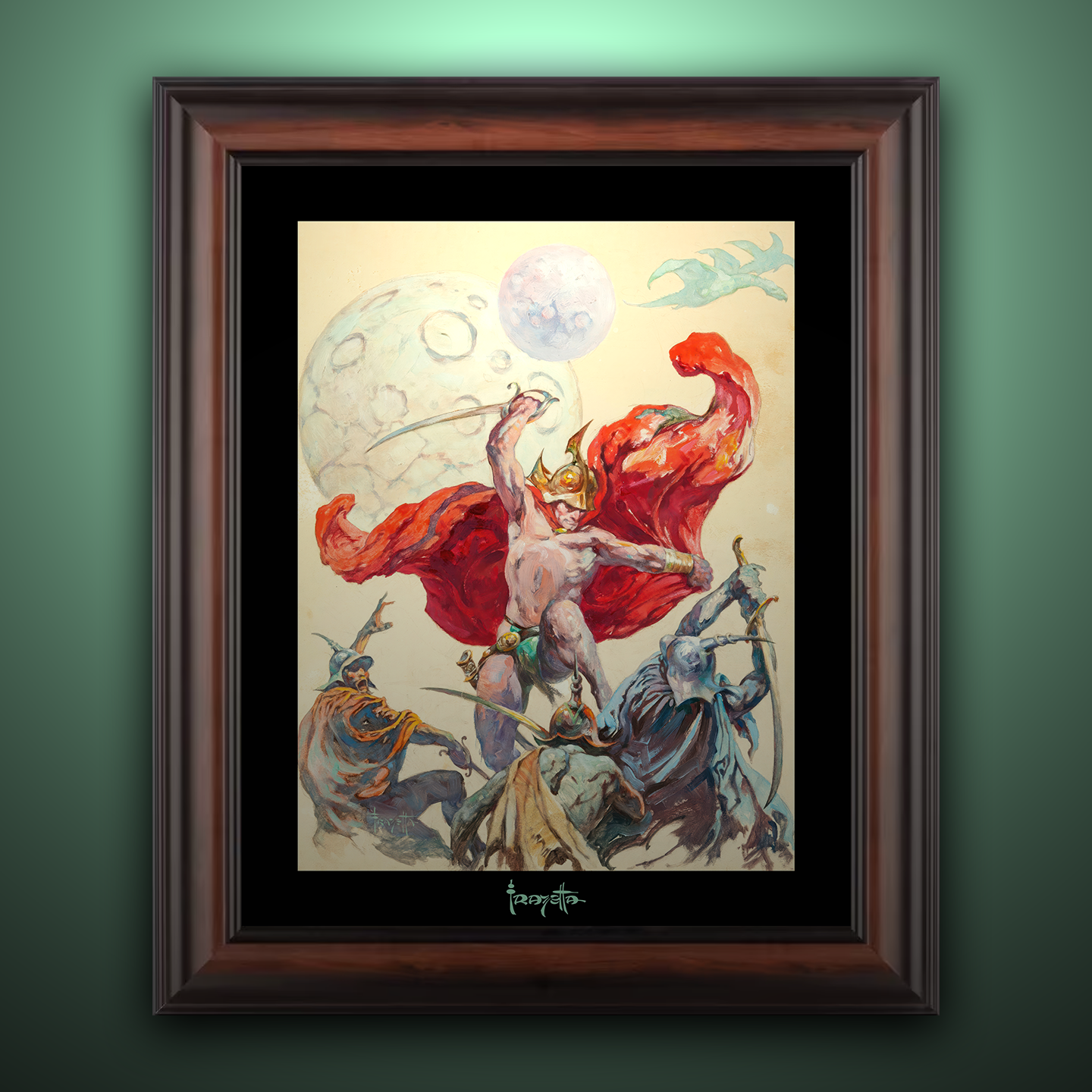 Framed Gallery Series print of "Swordsmen in the Sky" by Frank Frazetta, highlighting intense battle with black 1.5" matting.
