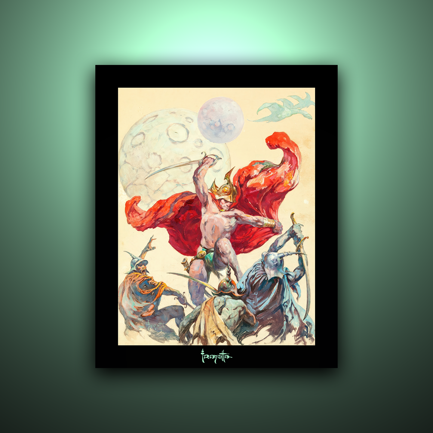 Gallery Series print of "Swordsmen in the Sky" by Frank Frazetta, unframed, showcasing dynamic fantasy battle scenes.