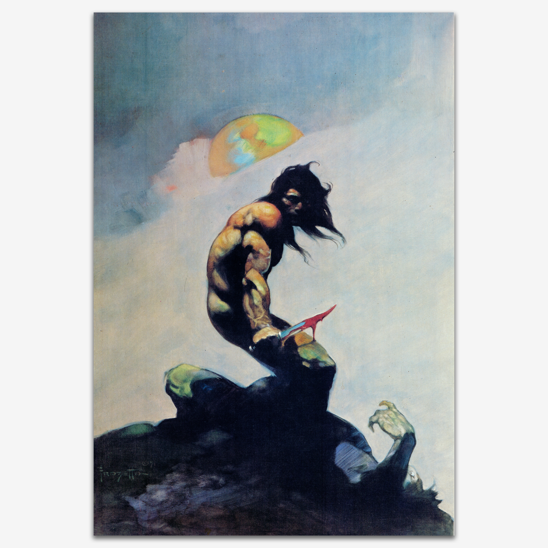 Vintage print of Tanar of Pellucidar by Frank Frazetta, depicting the muscular protagonist standing over a felled foe.