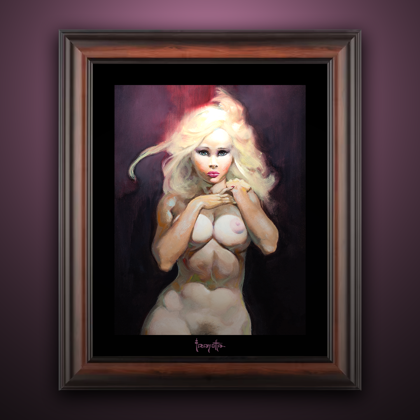 Framed Gallery Series print of "Temptation" by Frank Frazetta, emphasizing bold imagery with black 1.5" matting.
