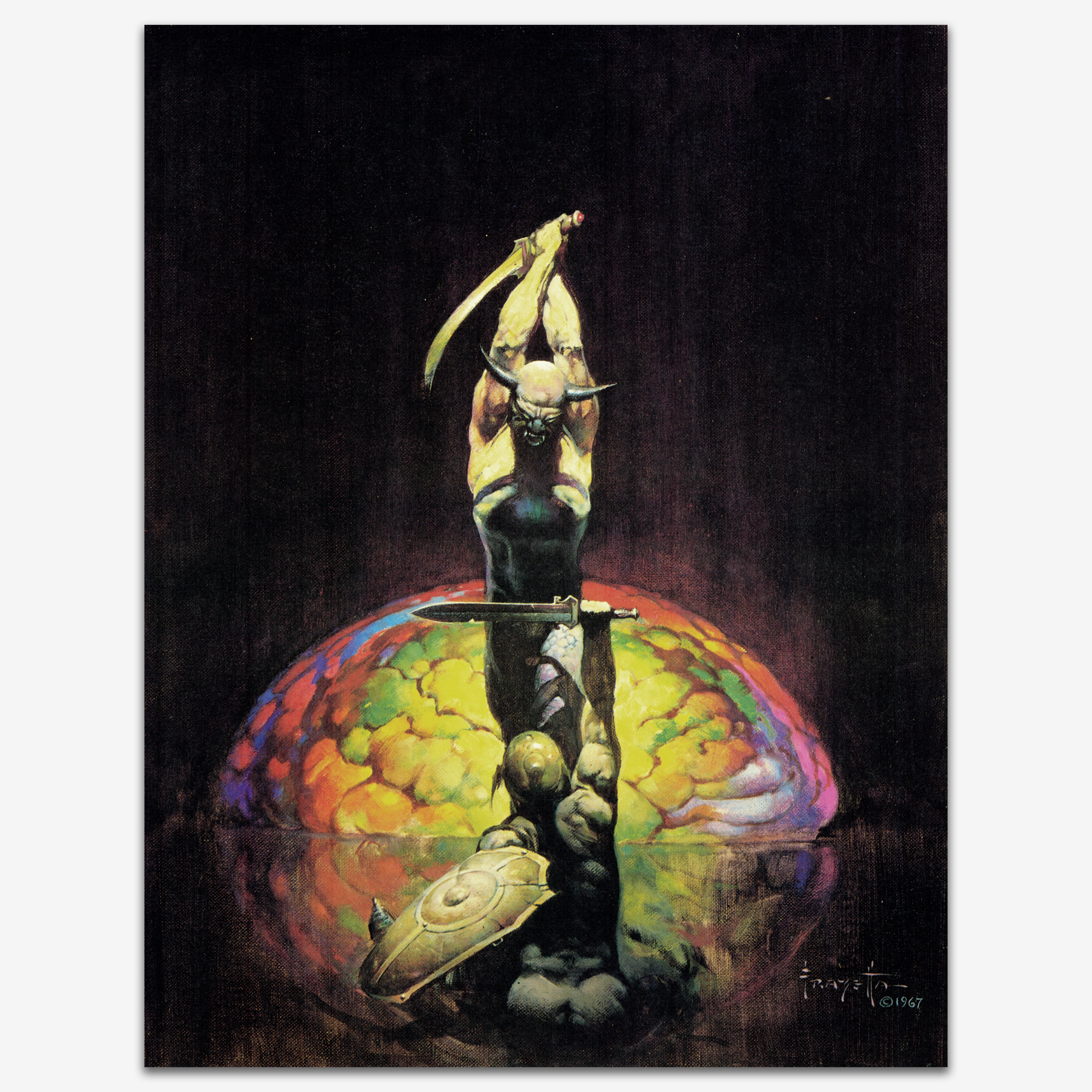 Vintage print of The Brain by Frank Frazetta, presenting an alien, sci-fi scene with two demon-like creatures in battle.