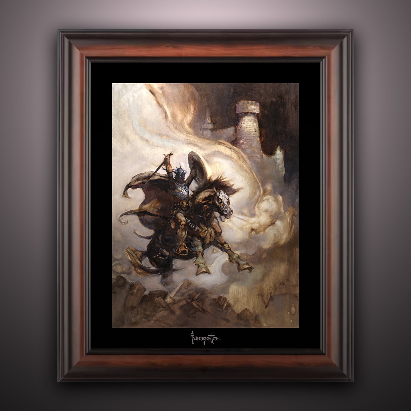 Framed Gallery Series print of "The Defender" by Frank Frazetta, emphasizing heroic imagery with black 1.5" matting.