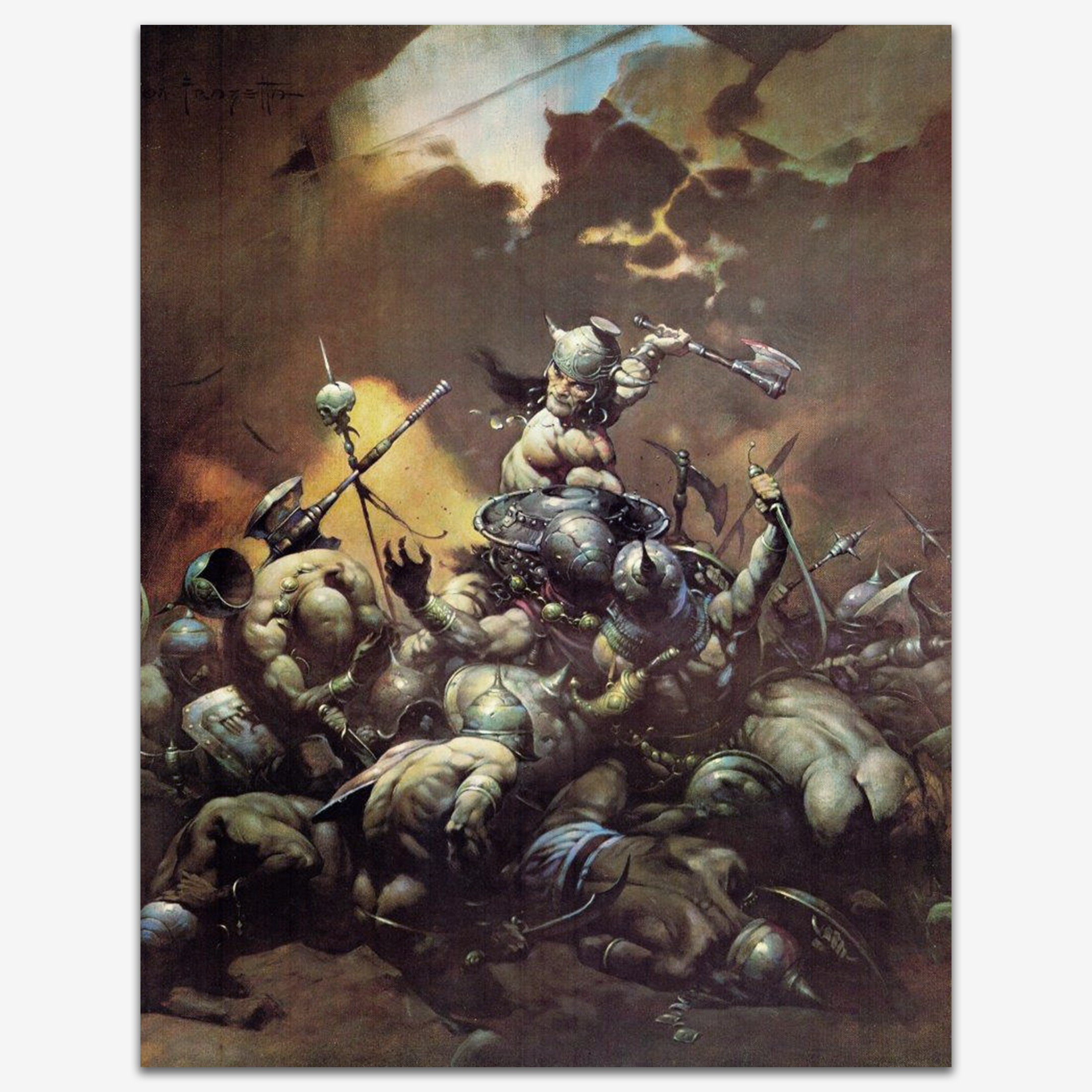Vintage print of "The Destroyer" by Frank Frazetta, depicting a fierce warrior in battle, wielding a massive weapon as he stands triumphant over fallen foes, with dramatic lighting and motion capturing the raw intensity of combat, printed on high-quality linen paper.
