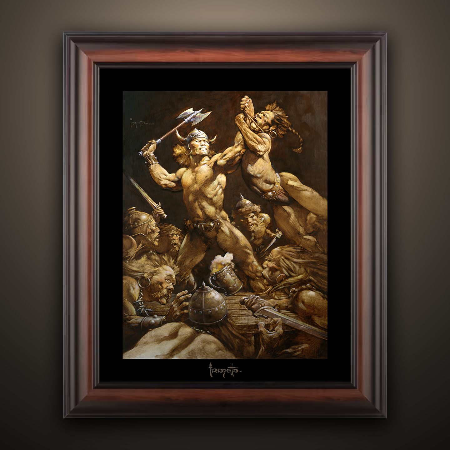 Framed Gallery Series print of "The Disagreement" by Frank Frazetta, showcasing intense drama with black 1.5" matting.