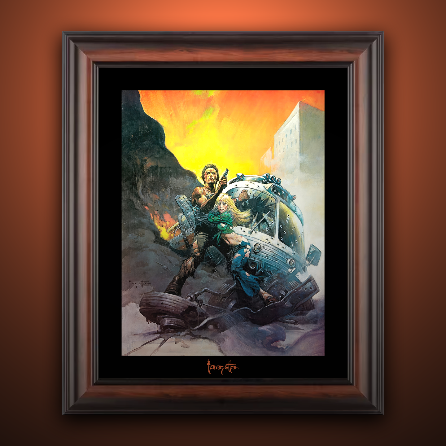 Framed Gallery Series print of "The Gauntlet" by Frank Frazetta, highlighting action-packed scenes with black 1.5" matting.