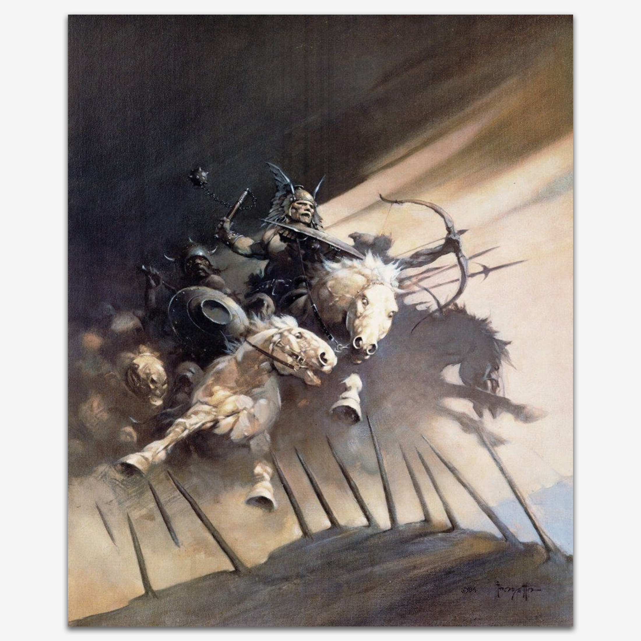 Vintage print of The Huns by Frank Frazetta, illustrating a chaotic and intense battle scene with fierce warriors on horseback charging forward, set against a dramatic and stormy backdrop.