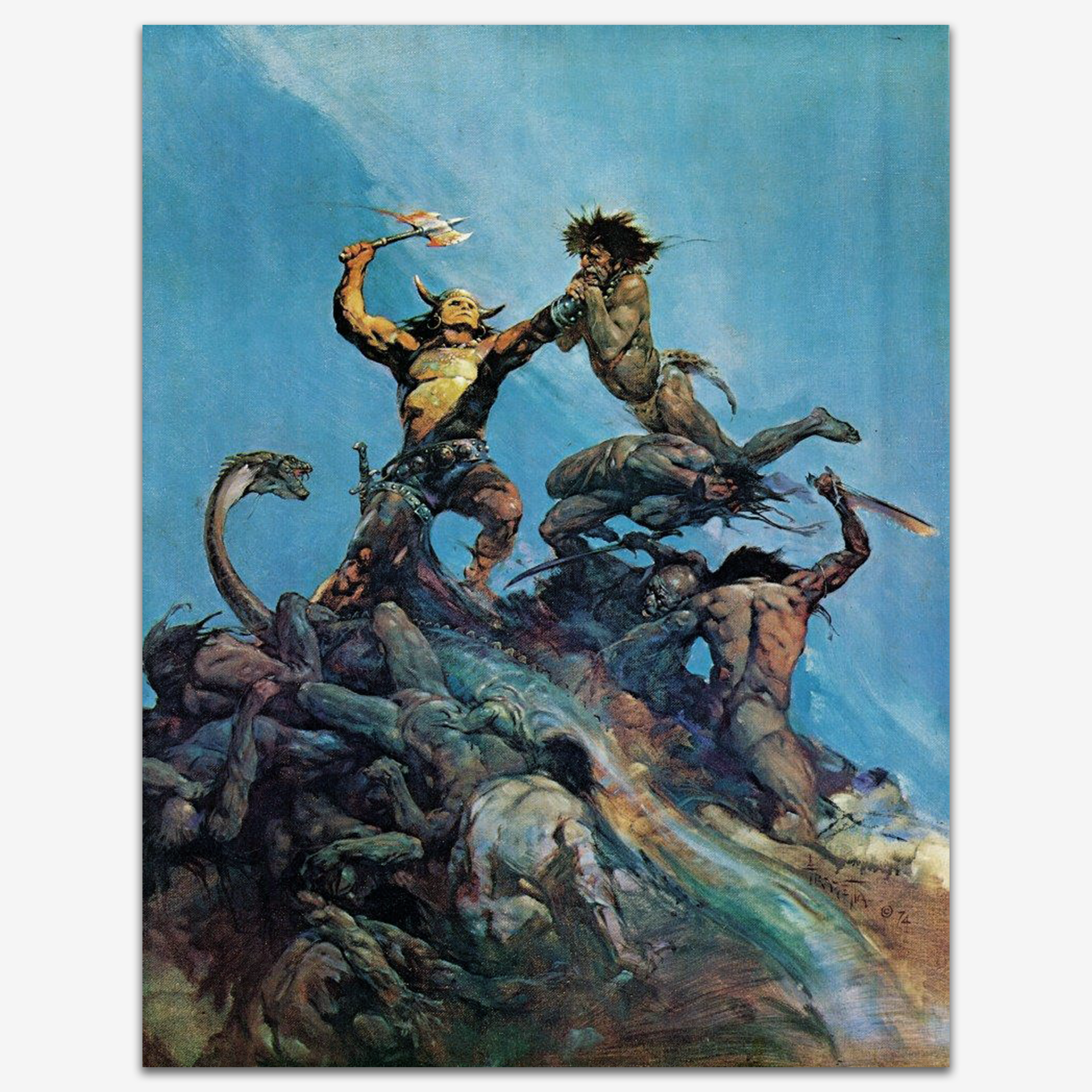Vintage print of The Indomitable by Frank Frazetta, depicting a warrior atop a mound of bodies, battling in a tumultuous landscape.