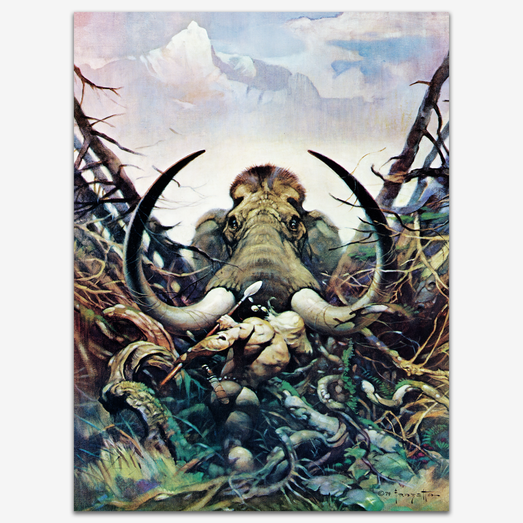 Vintage print of "The Mammoth" by Frank Frazetta, depicting a massive woolly mammoth charging forward with a warrior atop, surrounded by a harsh, snow-covered wilderness, printed on high-quality glossy paper.
