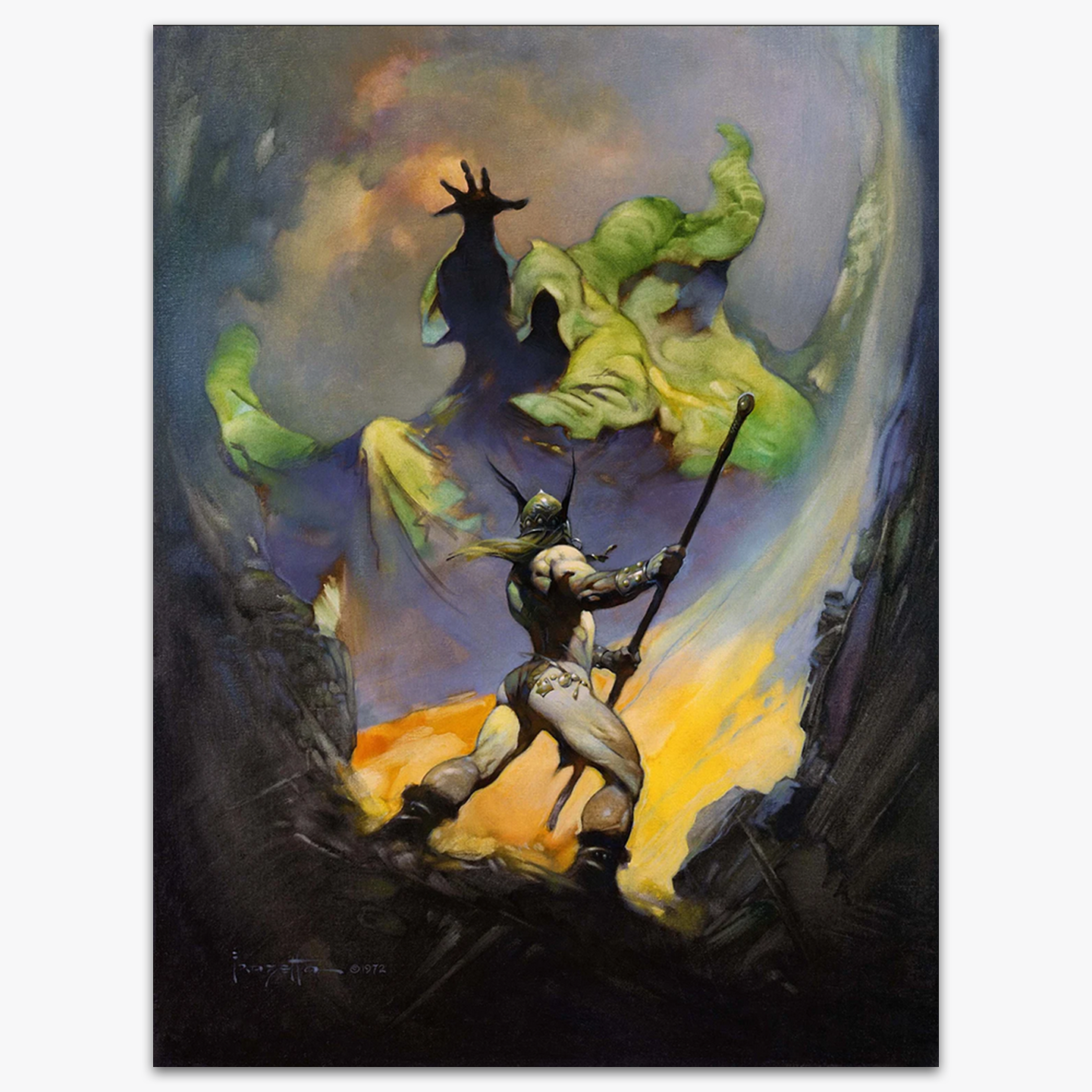 Vintage print of "The Norseman" by Frank Frazetta, depicting a fierce Viking warrior standing triumphantly with his sword raised, surrounded by swirling green energy against a dramatic storm-lit sky, printed on high-quality linen paper.