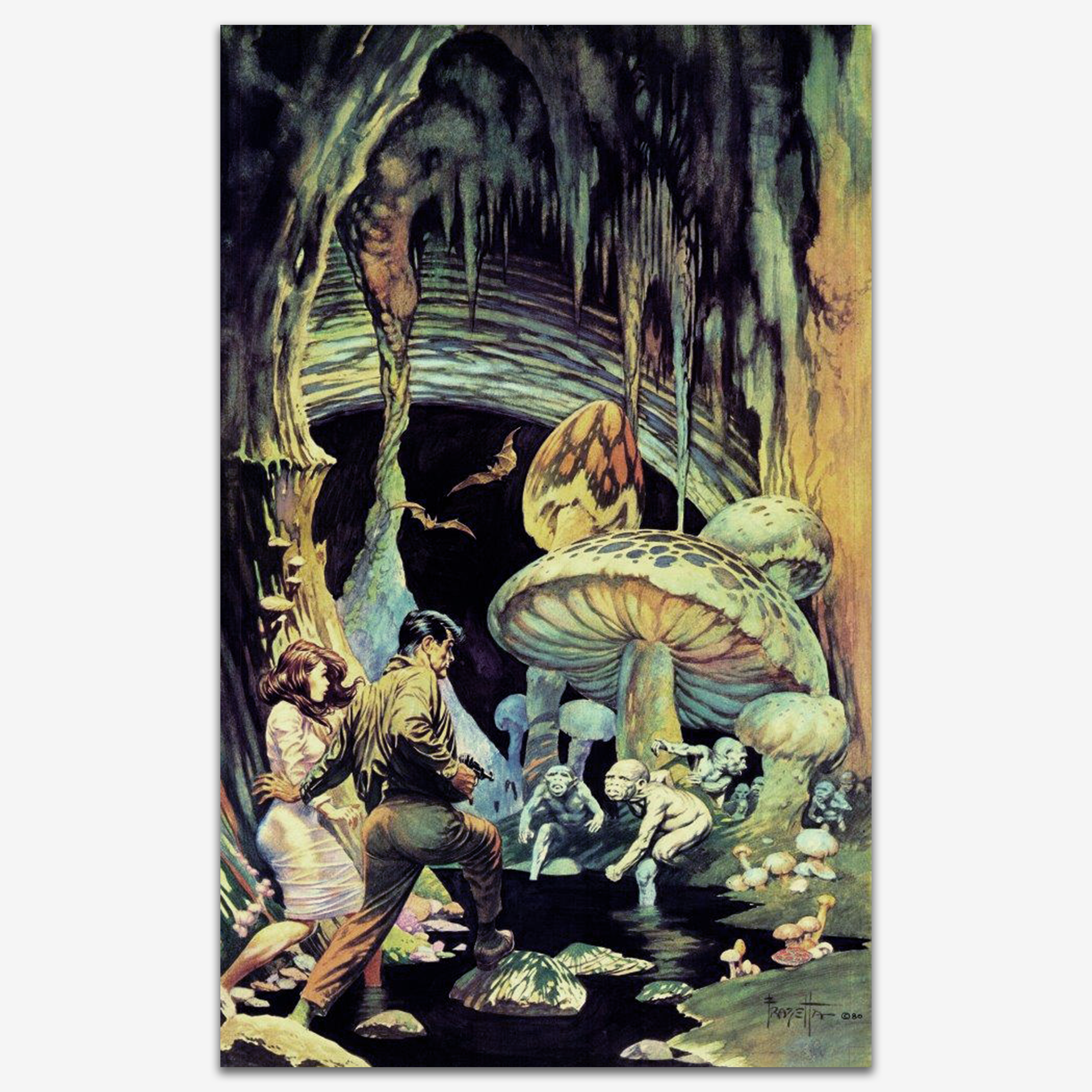 Vintage print of The Secret People by Frank Frazetta, illustrating an enigmatic, mystical scene featuring a group of otherworldly figures.