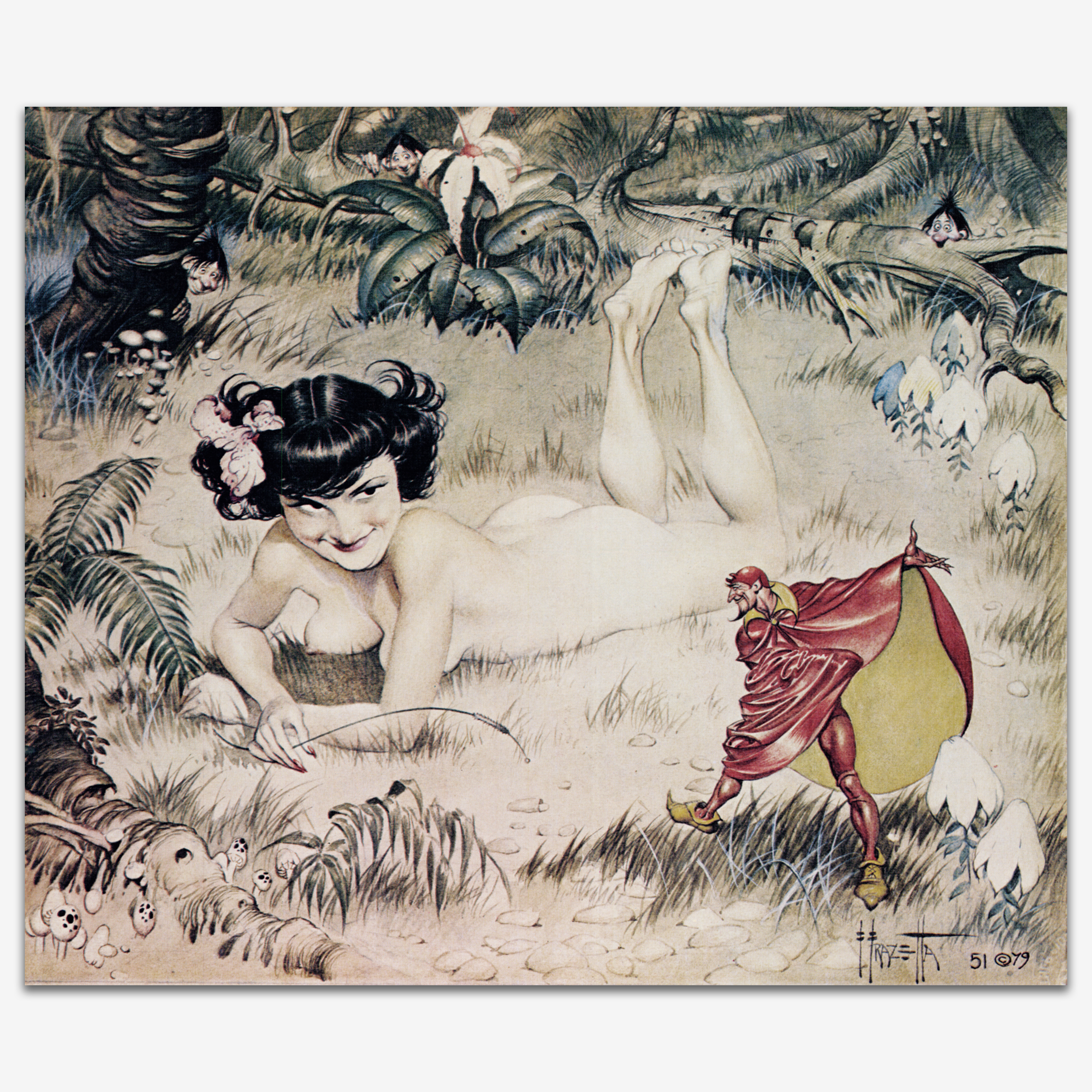 Vintage print of The Tempters by Frank Frazetta, featuring a a woman being goaded by a small devil.