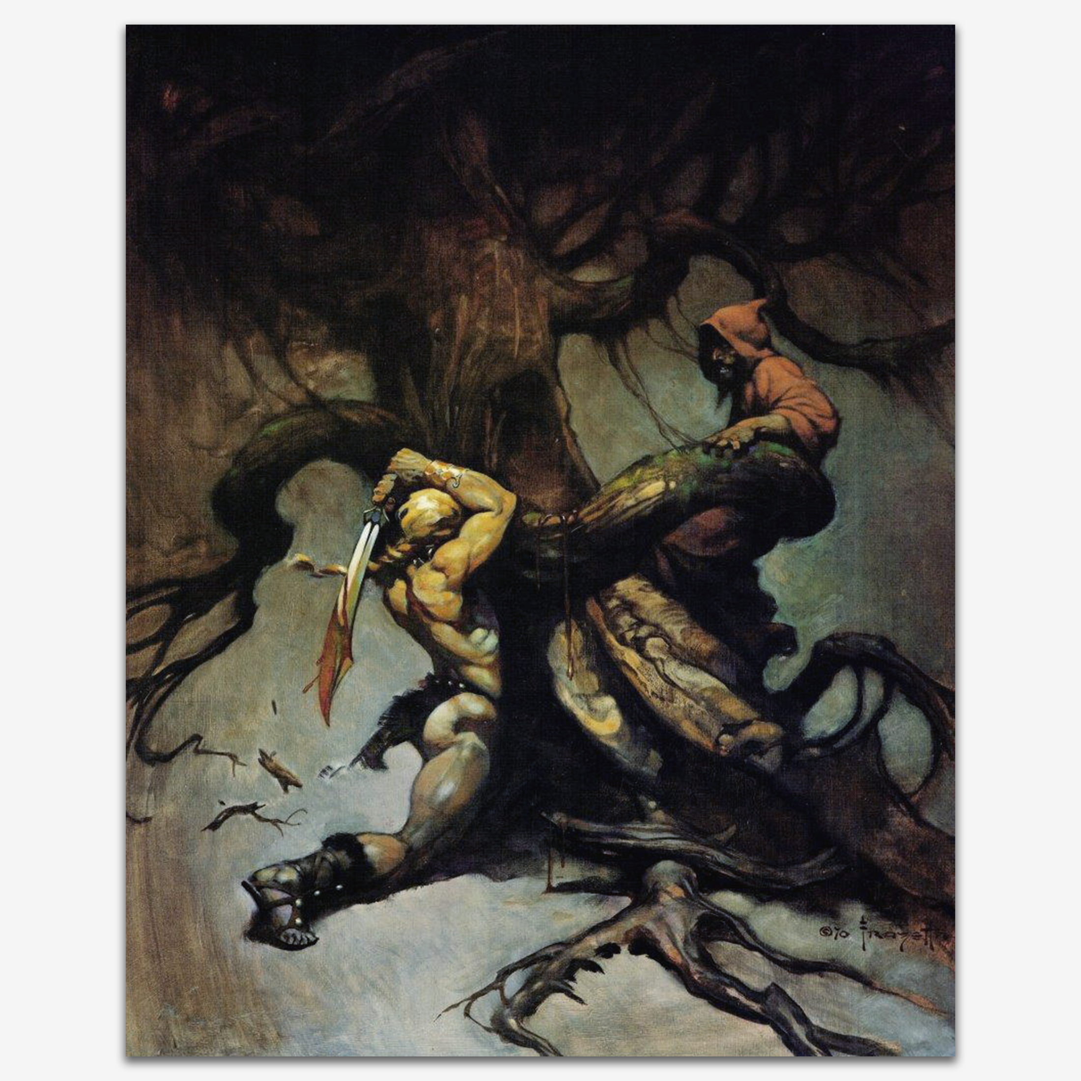 Vintage print of Tree of Death by Frank Frazetta, depicting a dark, intense battle scene where a warrior struggles against monstrous foes beneath the twisted branches of an ominous tree.
