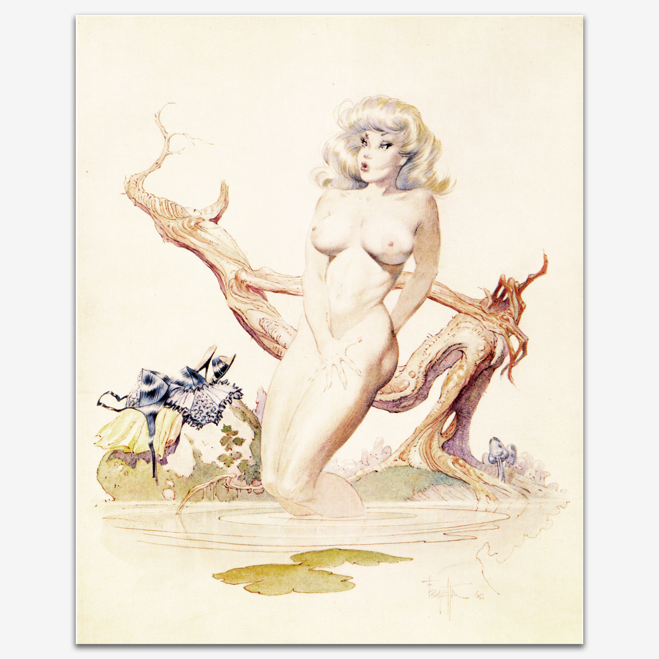 Vintage print of "Girl Bathing" by Frank Frazetta, depicting a nude woman with flowing hair, gracefully posed near a tree, evoking a classic and ethereal aesthetic.