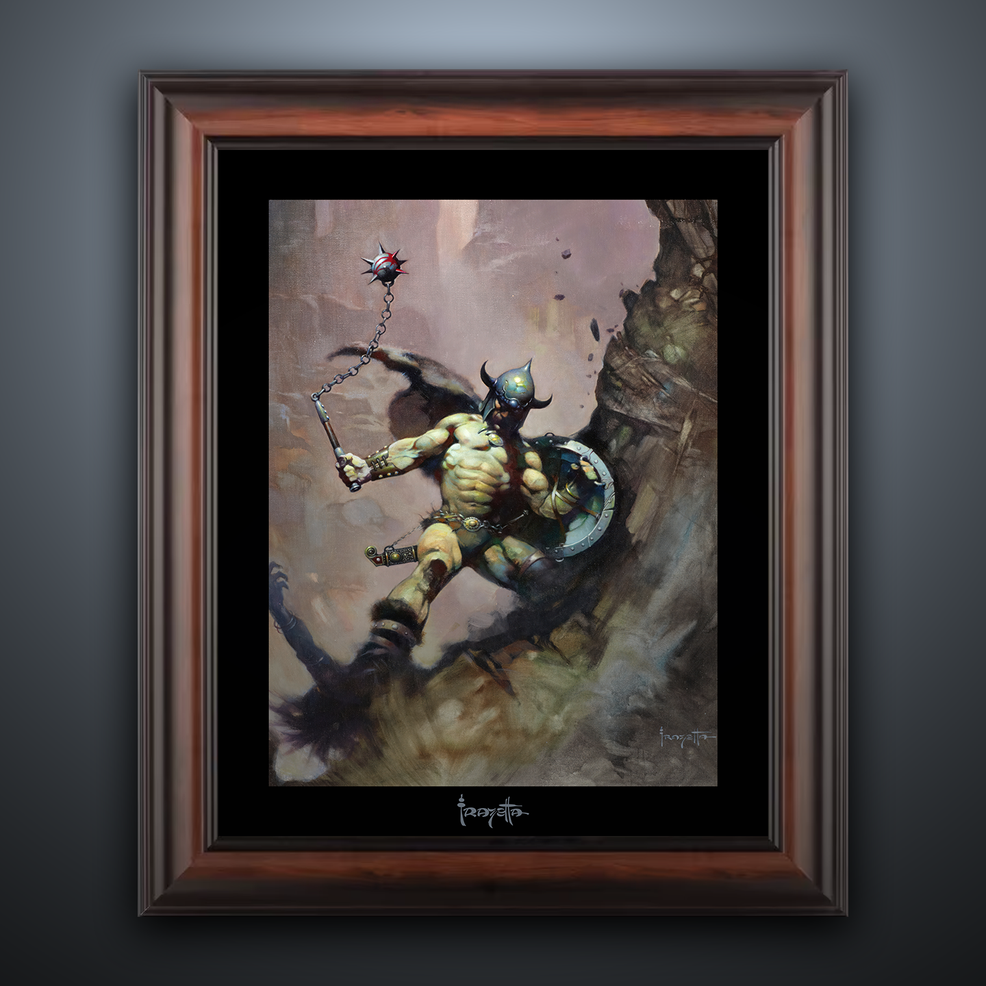 Framed Gallery Series print of "Warrior Ball and Chain" by Frank Frazetta, emphasizing powerful motion with black 1.5" matting.