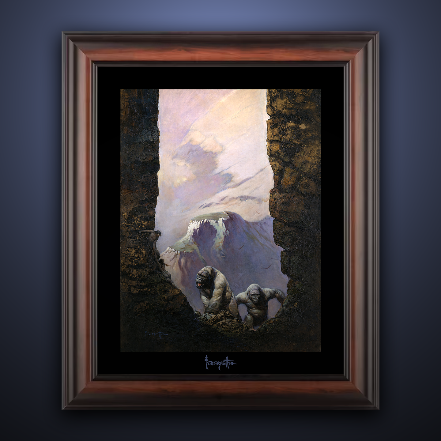 Framed Gallery Series print of "White Apes" by Frank Frazetta, featuring bold creatures and dynamic action with black 1.5" matting.