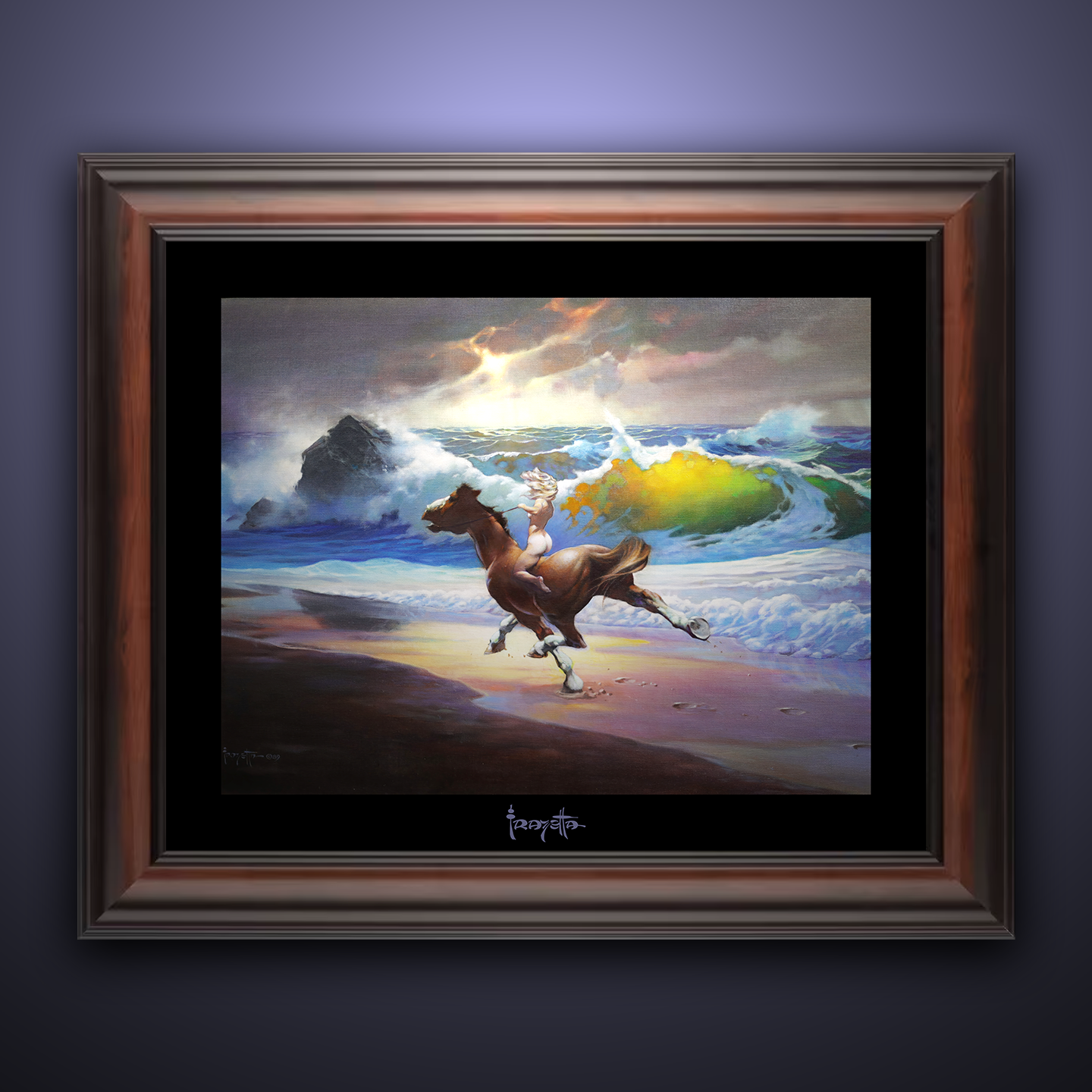 Framed Gallery Series print of "Wild Ride" by Frank Frazetta, capturing thrilling action with black 1.5" matting.