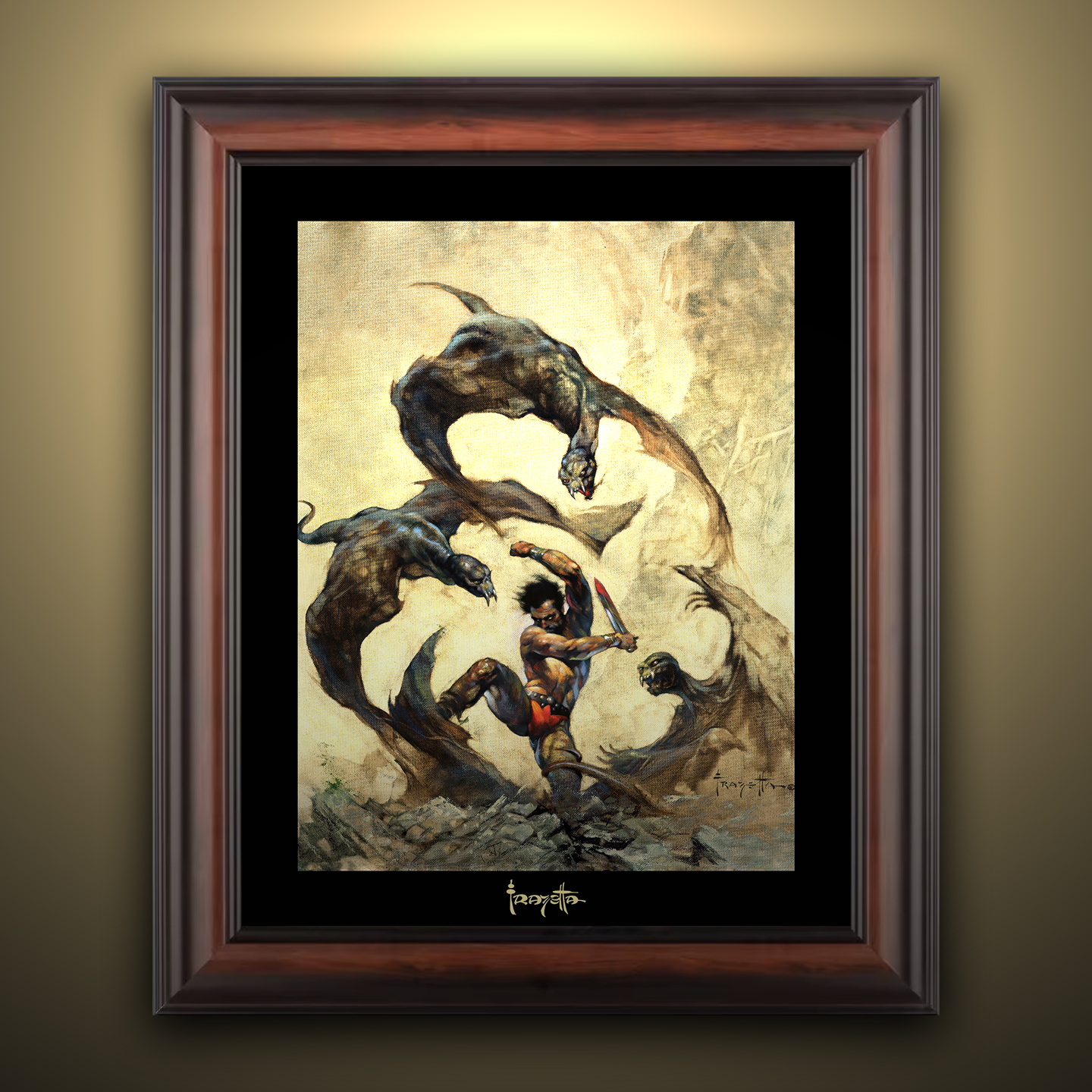 Framed Gallery Series print of "Winged Terror" by Frank Frazetta, highlighting fantasy creatures with black 1.5" matting.