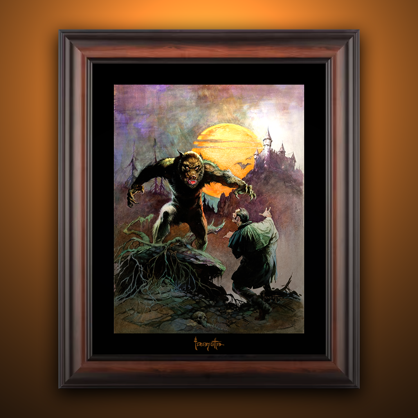 Framed Gallery Series print of "Wolfman" by Frank Frazetta, capturing a dramatic and mystical scene with black 1.5" matting.