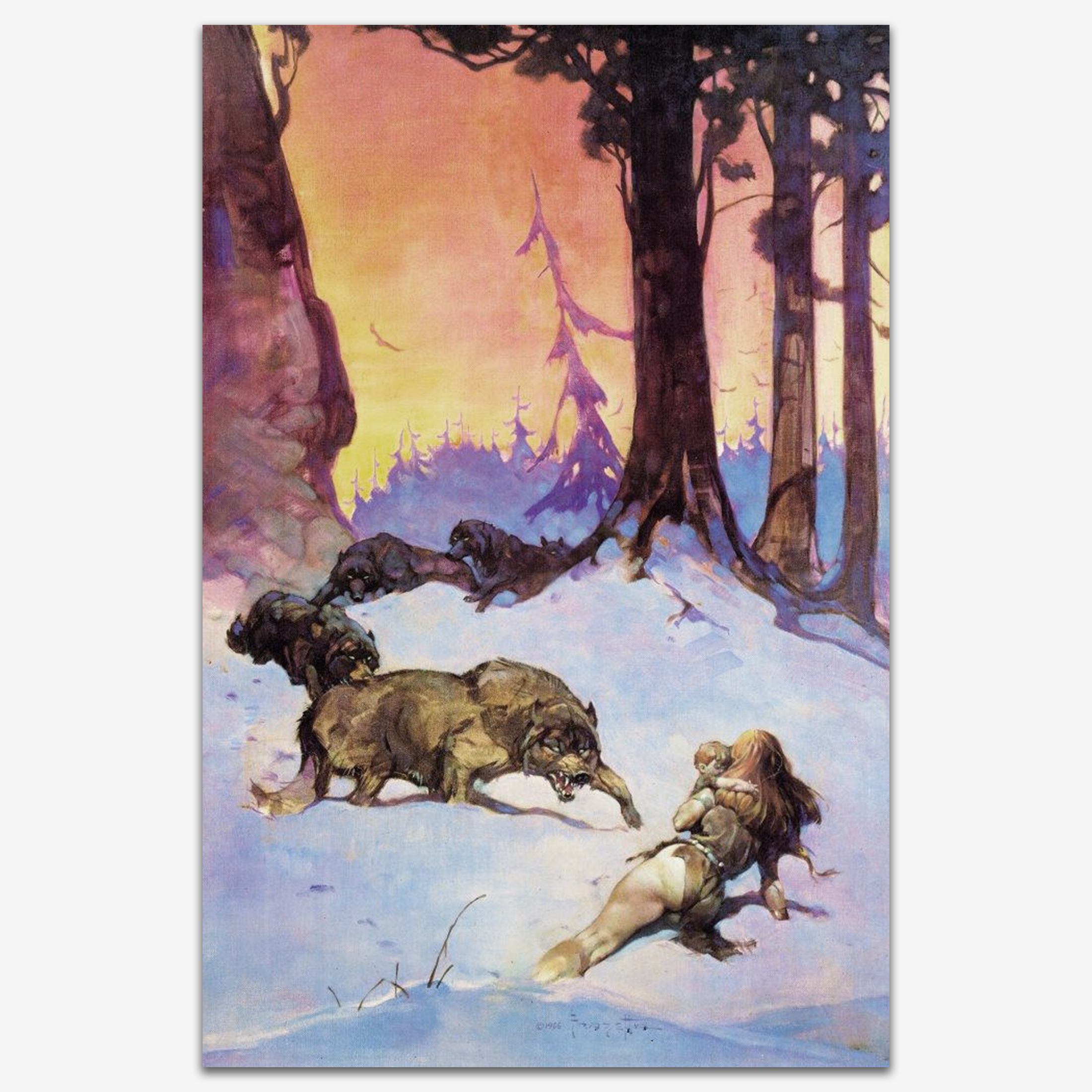 Vintage print of Wolfpack by Frank Frazetta, illustrating a dramatic winter scene where a pack of wolves chases down their prey beneath a vivid, twilight-colored sky.