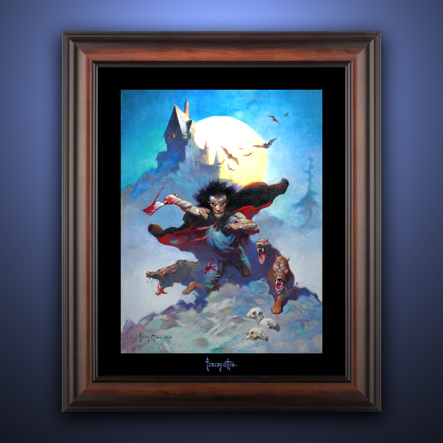 Framed Gallery Series print of "Wolves Night" by Frank Frazetta, emphasizing dark fantasy with black 1.5" matting.