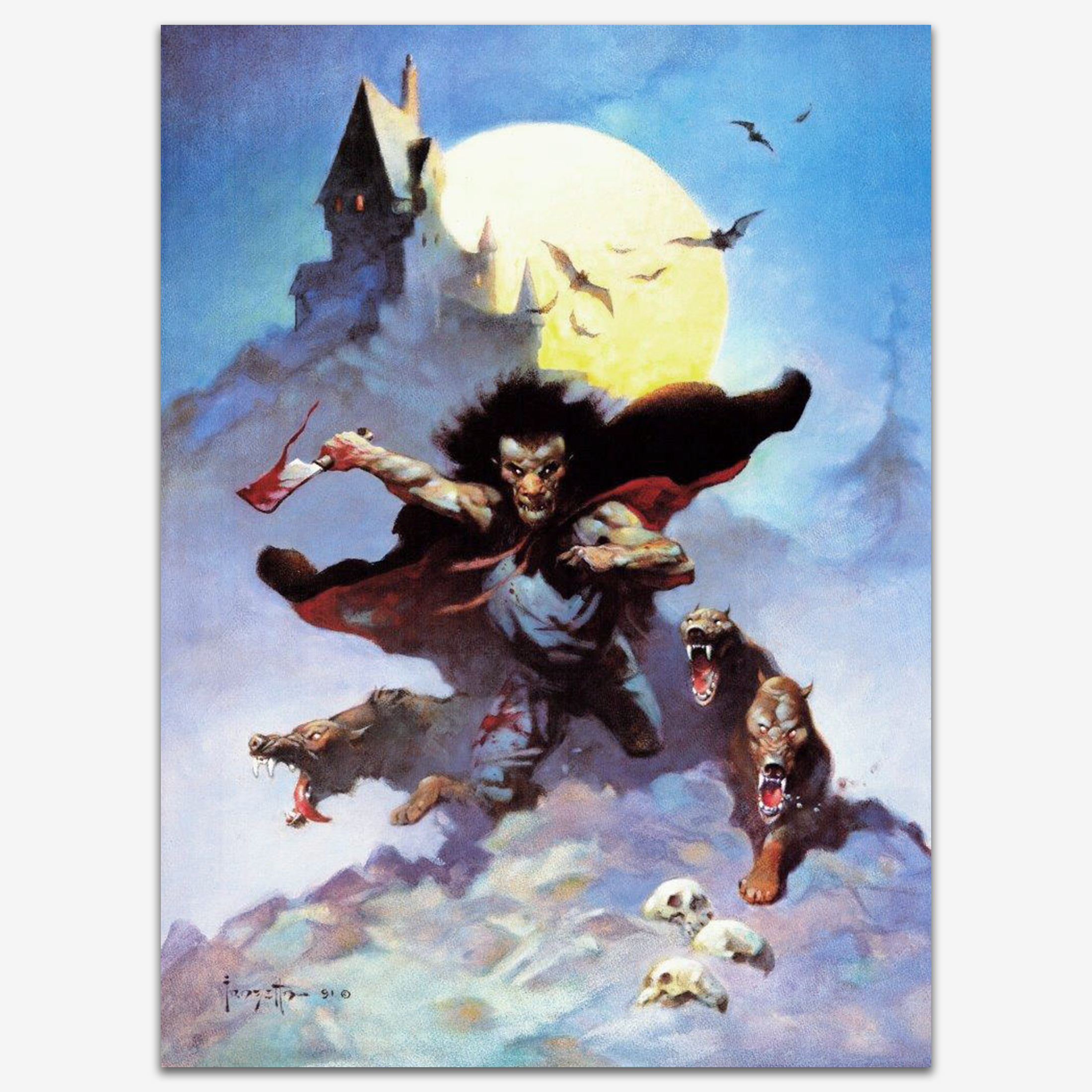 Vintage print of Wolves Night by Frank Frazetta, showcasing a mystical and menacing atmosphere with wolves surrounding a lone figure in the night.
