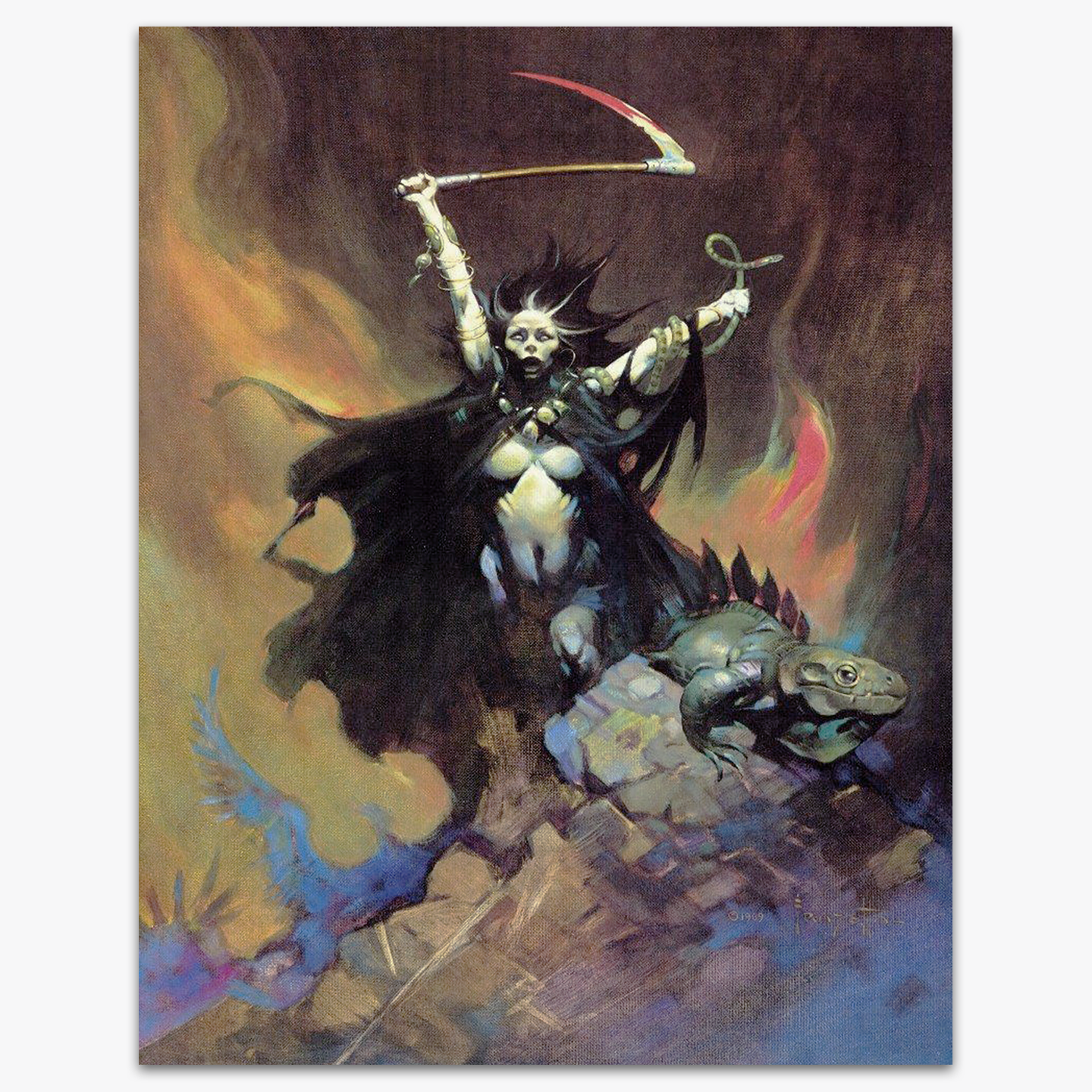 Vintage print of Woman with a Scythe by Frank Frazetta, depicting a powerful, spectral female figure wielding a massive scythe, surrounded by swirling mist and fire.