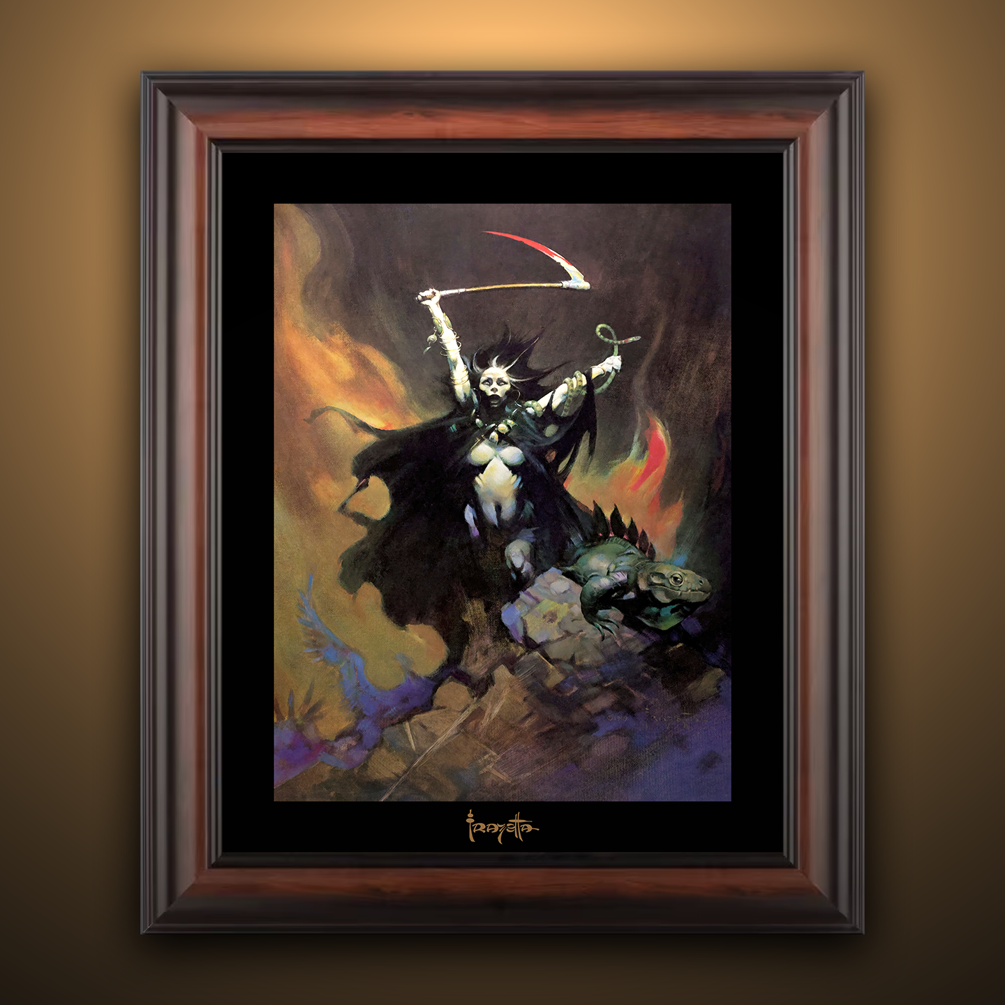 Framed Gallery Series print of "Woman with Scythe" by Frank Frazetta, highlighting dramatic figure and action with black 1.5" matting.