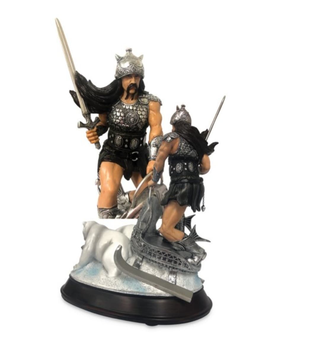 A rear view of the Ice Warrior sculpture, showcasing the warrior standing atop his intricately designed chariot, drawn by powerful polar bears. The warrior&