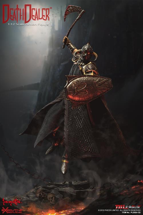 A 1/12 scale Death Dealer action figure is captured mid-air in a dynamic battle pose, wielding a bloodstained axe raised for a strike and a weathered shield adorned with his emblem. The chainmail-style armor, horned helmet, and skull-adorned belt add to the menacing detail of Frank Frazetta’s legendary warrior. Below, burning embers, scattered skulls, and heavy chains create a dramatic battlefield setting, while a dark fortress looms in the misty background, enhancing the figure’s cinematic and powerful pre