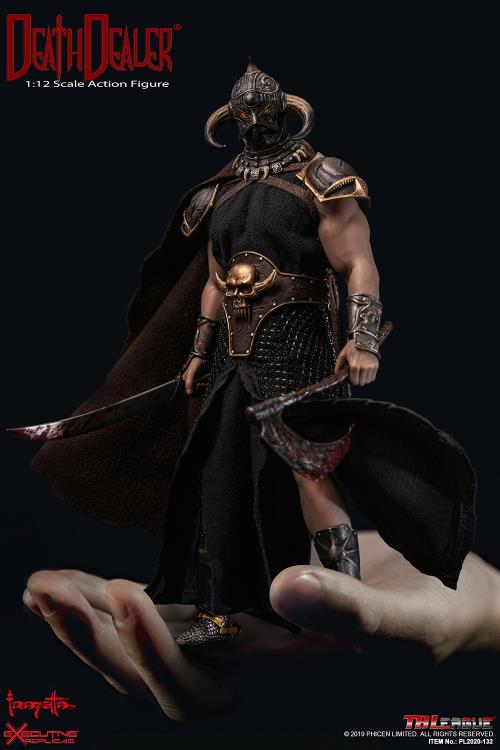 A 1/12 scale Death Dealer action figure is displayed resting on an open hand, showcasing its detailed sculpt, intricate armor, and fabric elements. The figure wields a bloodstained axe and curved sword, with a flowing dark cloak and skull-adorned belt enhancing its menacing presence. The horned helmet and glowing red eyes stay true to Frank Frazetta’s iconic artwork, while the scale comparison emphasizes the fine craftsmanship and collectible quality of this figure.